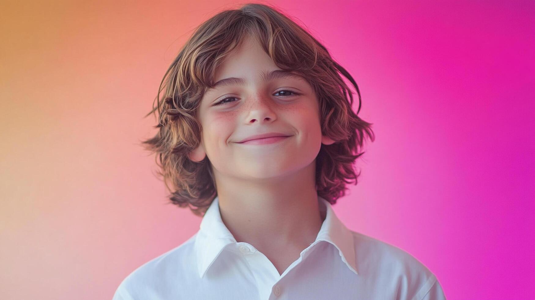 Portrait of a young boy with long, wavy hair and a bright, happy smile on a vivid pink and orange background. photo
