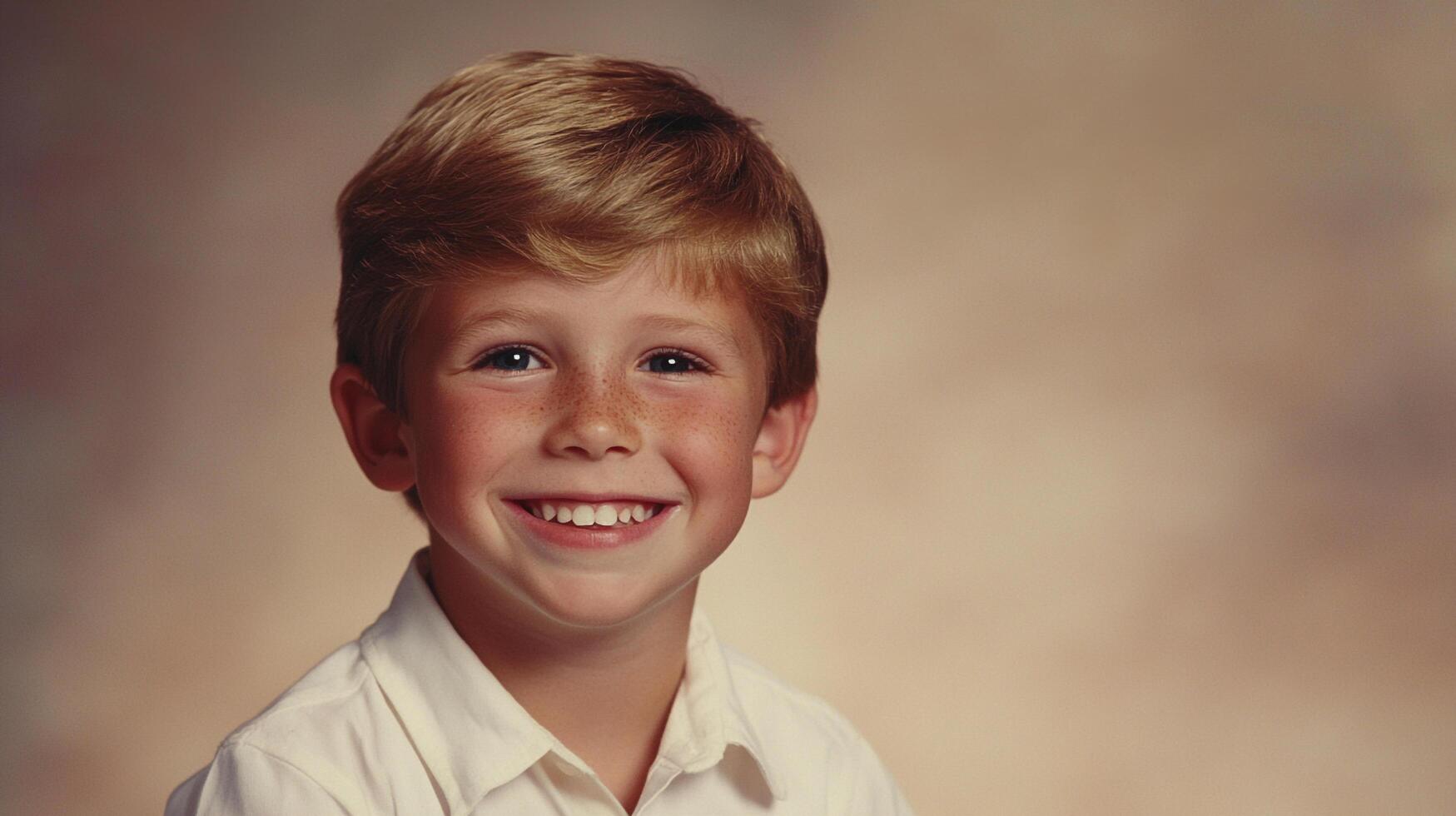 Portrait of a smiling young boy. He is wearing a white collared shirt and has short blonde hair and freckles on his face. He is happy and healthy. photo