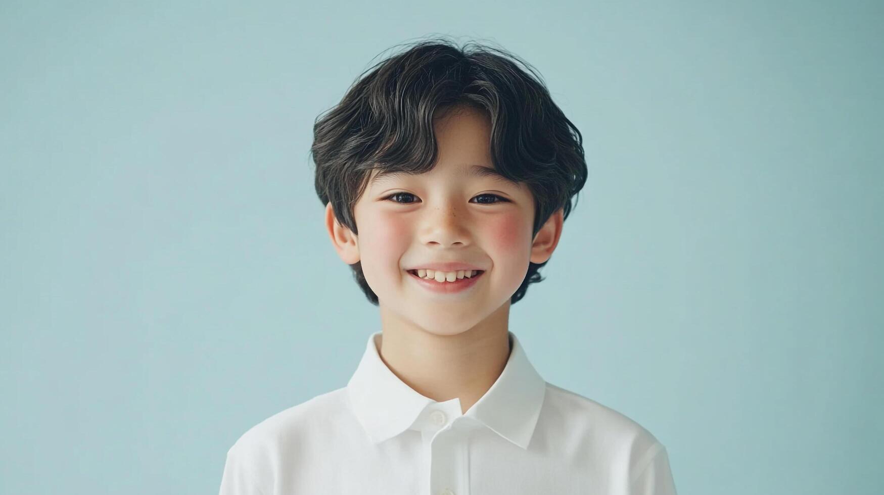 Portrait of smiling young boy with wavy dark hair wearing a white shirt against a simple light blue background for studio portraiture. photo