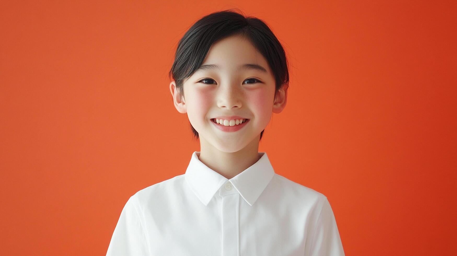Portrait of a young individual with a warm smile, set against a vibrant orange backdrop, radiating joy and approachability. Clean, simple, and engaging. photo
