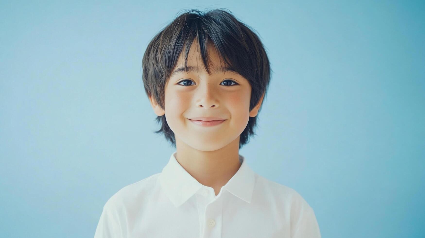 Portrait of a smiling young boy in a white shirt against a pastel blue background, capturing innocence and youthful charm in simple studio setting. photo