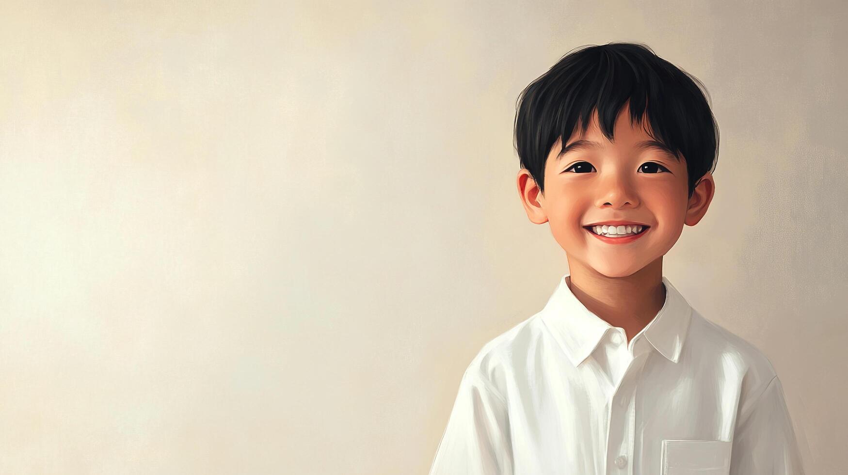 Smiling boy in white shirt with dark hair against neutral background with space for text or design, happy, expressive and authentic. photo