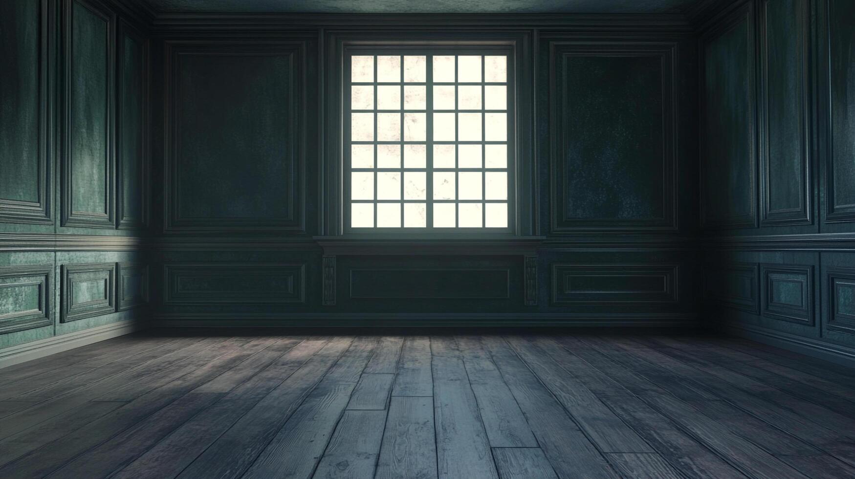 Moody interior with dark wood paneling, large window, and aged floors, creating an atmosphere of elegant decay and historical resonance. photo
