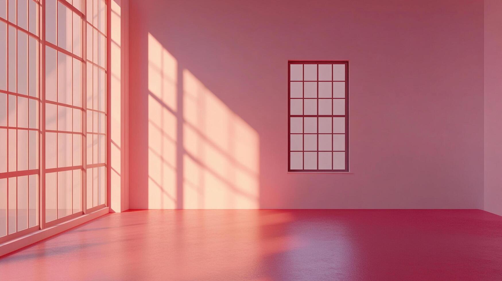 A minimalist, modern space bathed in a soft pink hue, with sunlight streaming through large windows, creating a serene and peaceful ambiance. photo
