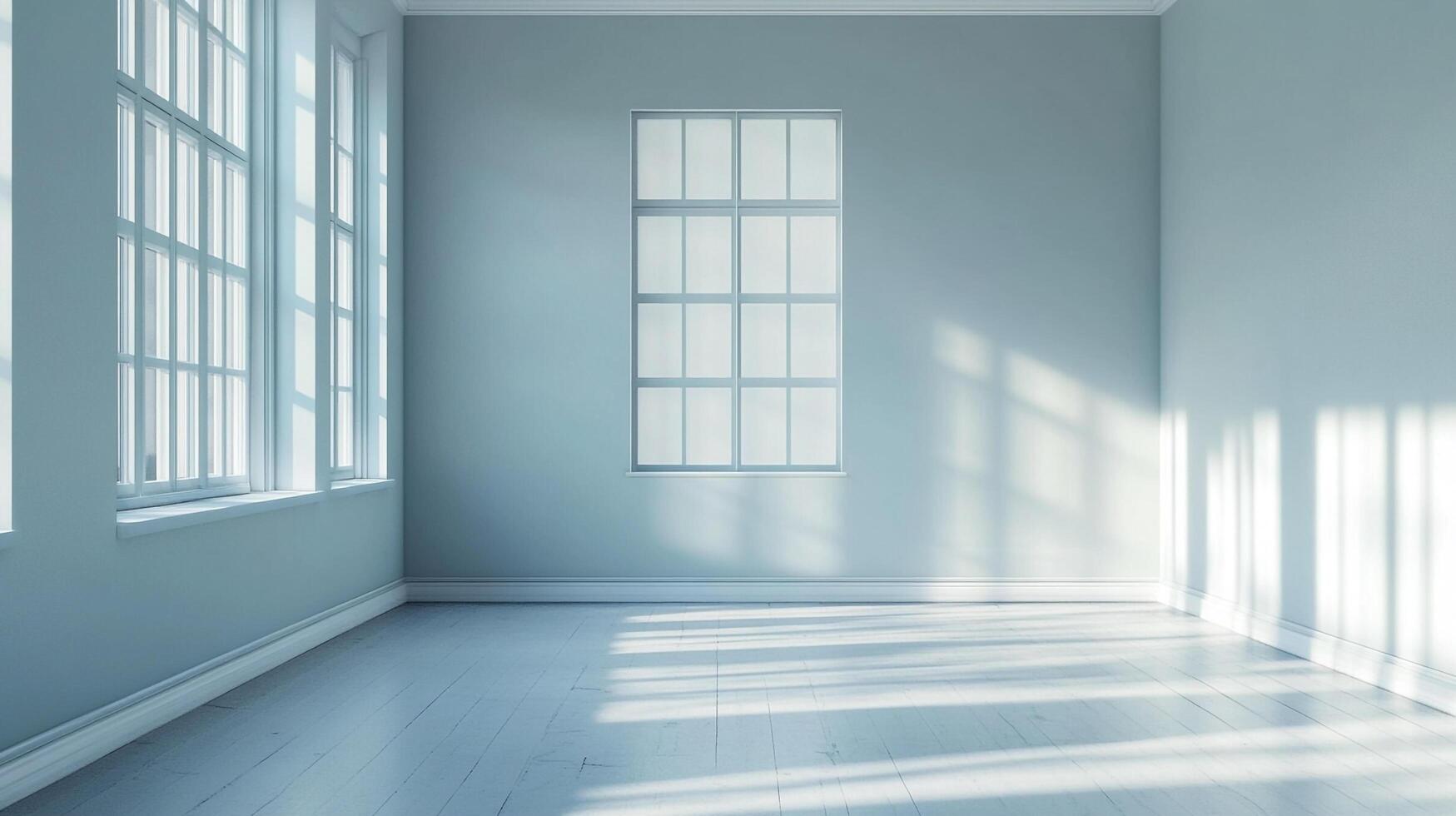 Bright, empty room with light blue walls, white wooden floors, and natural light streaming through two windows and a window frame. photo