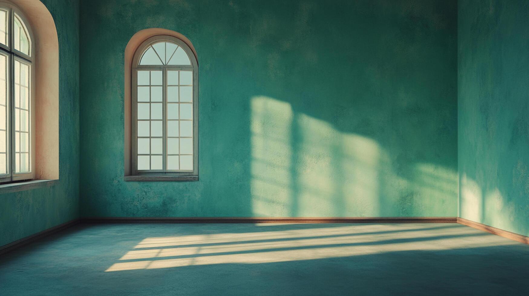 Sunlight streams through arched windows, casting long shadows across the sea green textured wall and floor of a minimalist room. photo