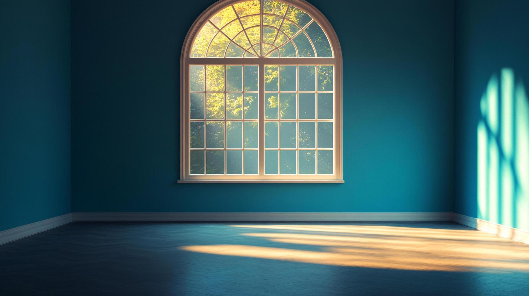Sunlight streams through the window, illuminating a room with blue walls and a wooden floor, creating a bright and inviting atmosphere. photo