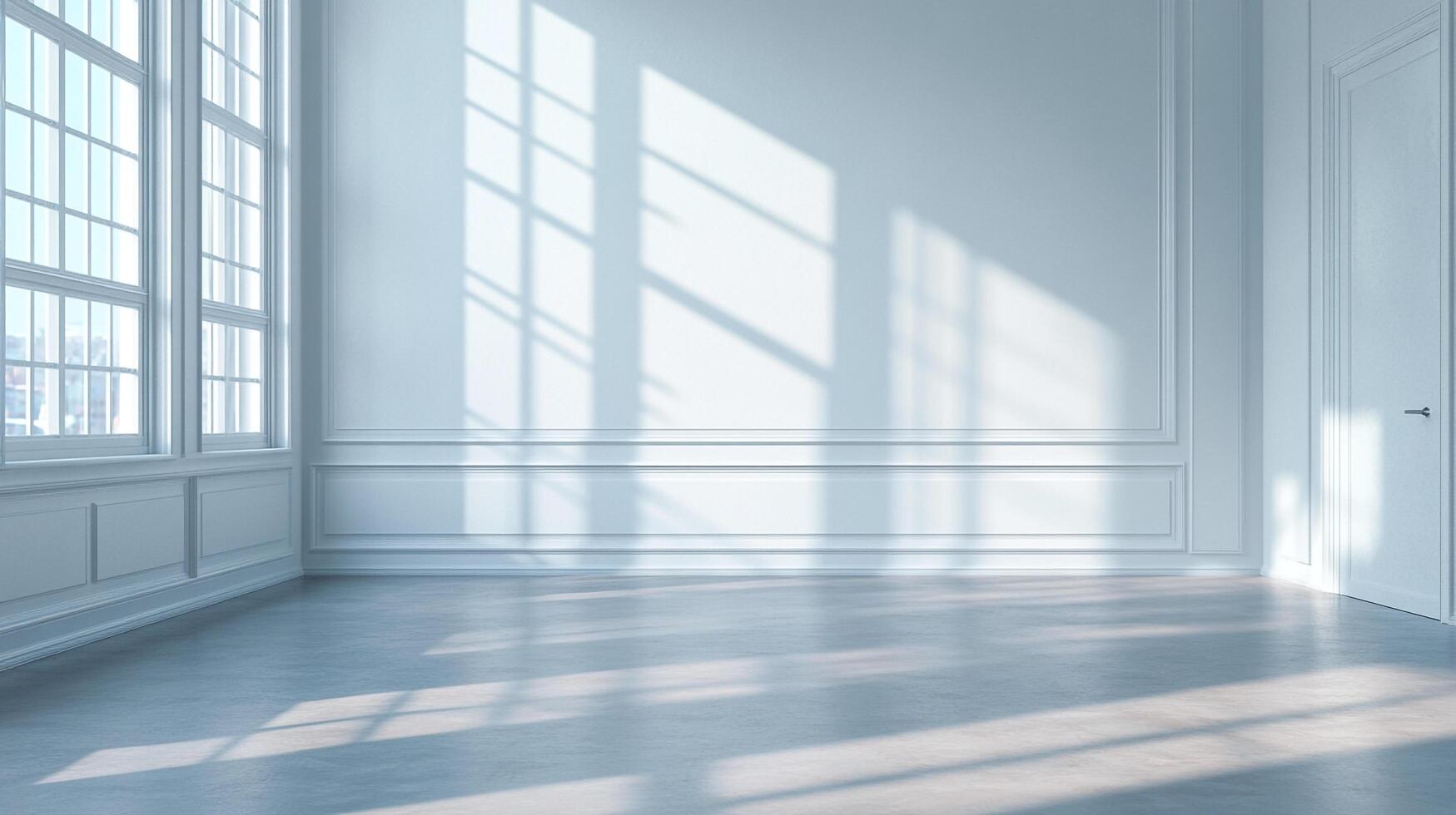 Serene and bright empty room with sunlight streaming in through tall windows, casting shadows across the floor, creating an open and airy space. photo