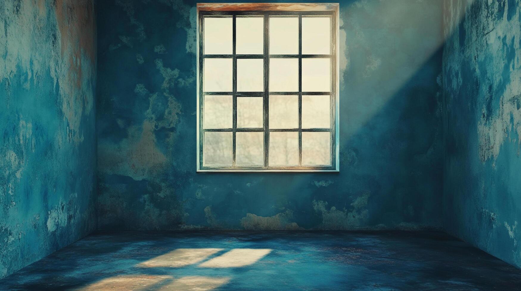 An empty room with weathered blue walls and a grid window casting sunlight, creating a somber yet hopeful atmosphere through the light. photo