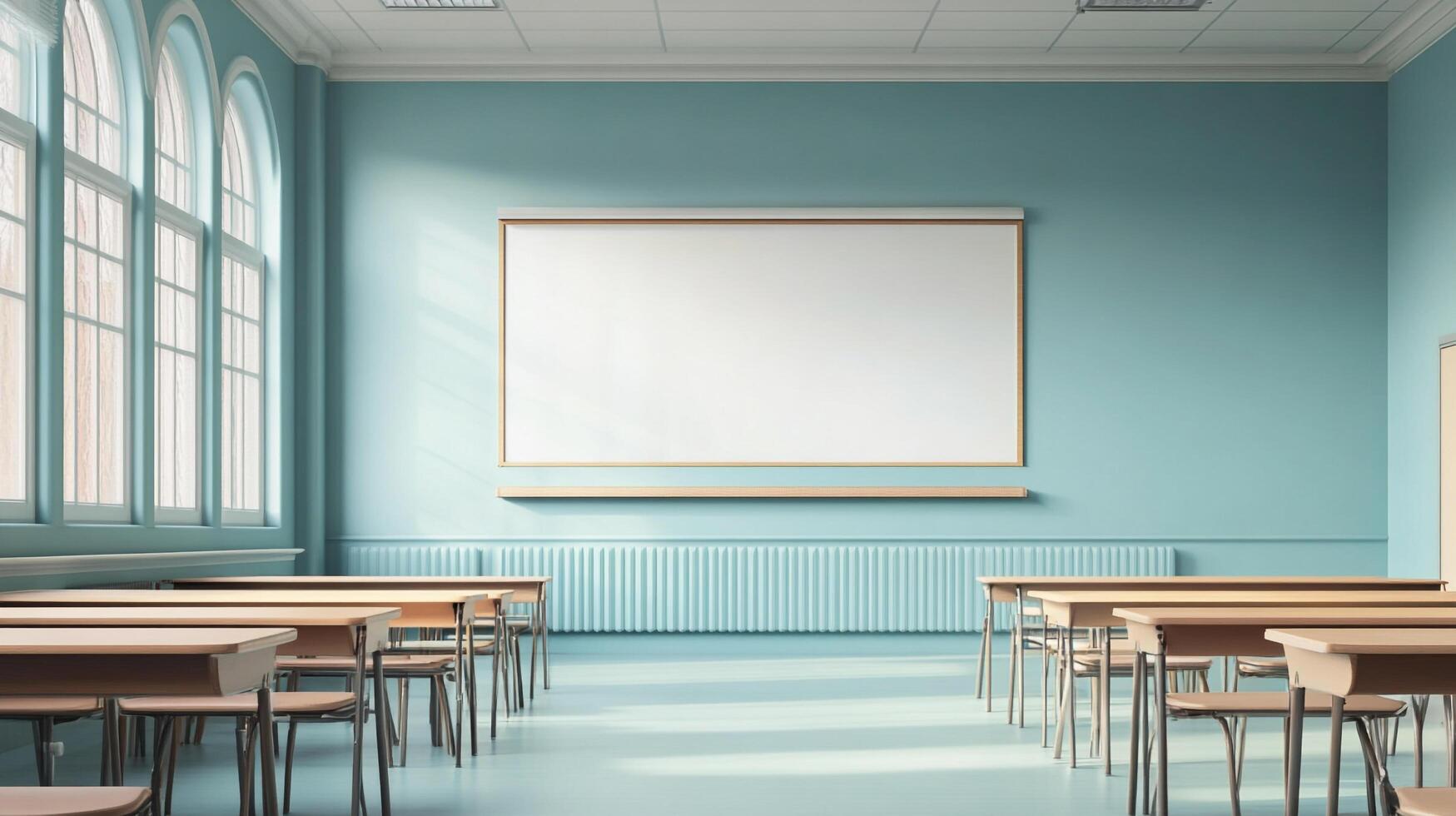 Classic classroom setup with rows of wooden desks facing a blank whiteboard in a serene blue room, bathed in soft natural light. photo