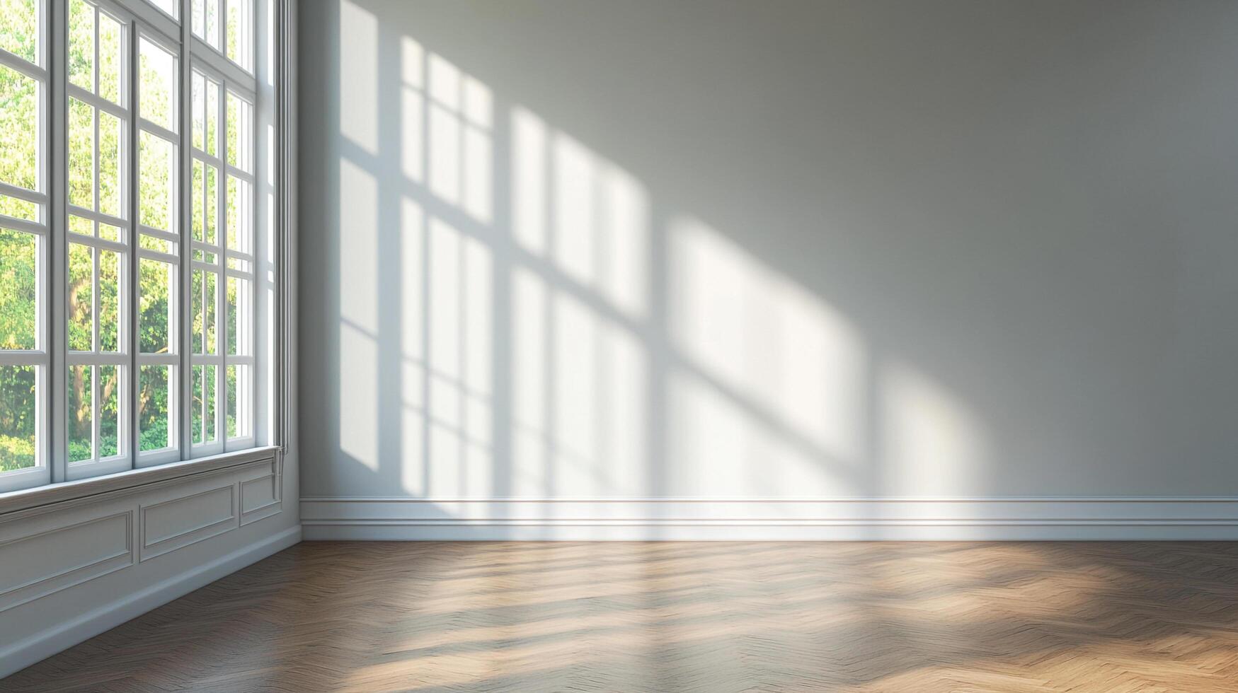 Bright, sunlit interior with a large window casting shadows on the wall and warm herringbone floors. Minimalist and inviting space. photo