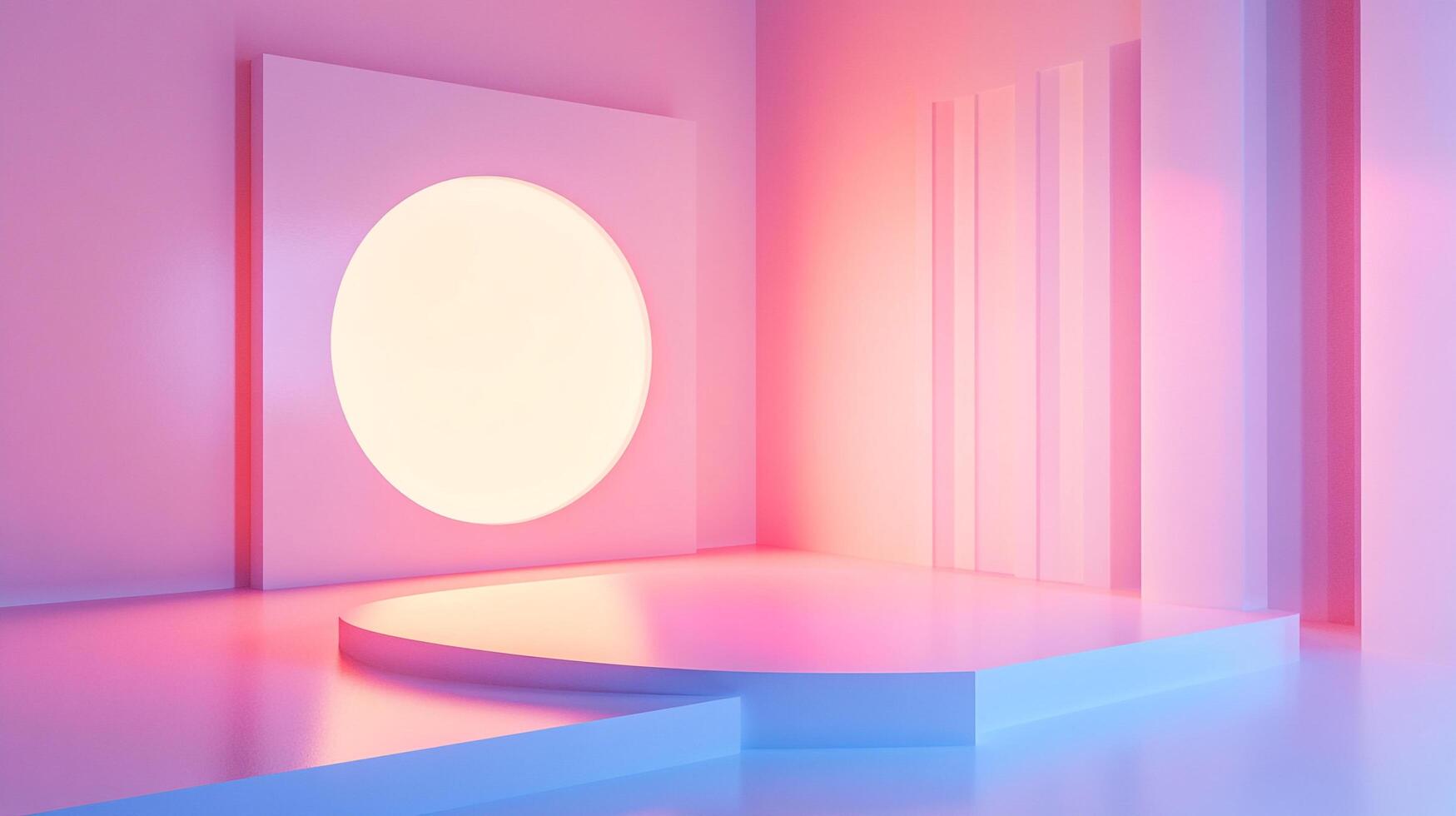Abstract minimalist display space with geometric shapes and a glowing circle on wall, bathed in soft pink and blue light. photo