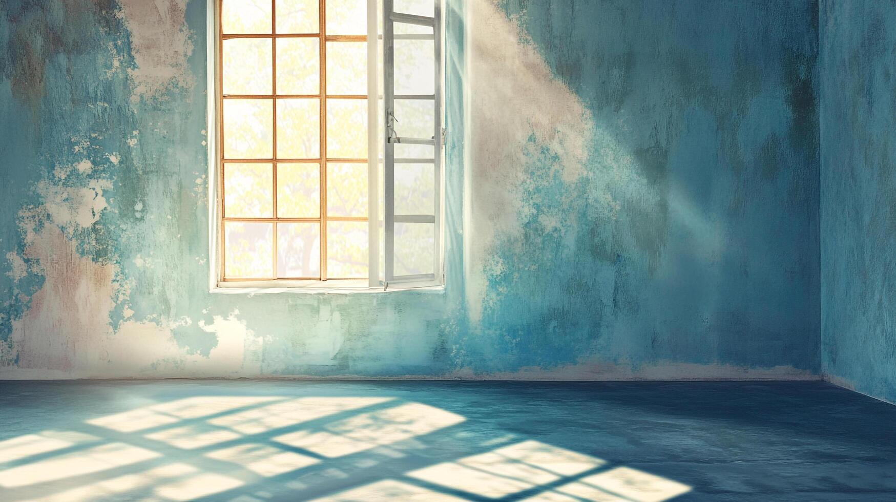 Sunlight streams through an open window onto the aged walls and floor of a derelict room, creating a stark contrast of light and shadow. photo