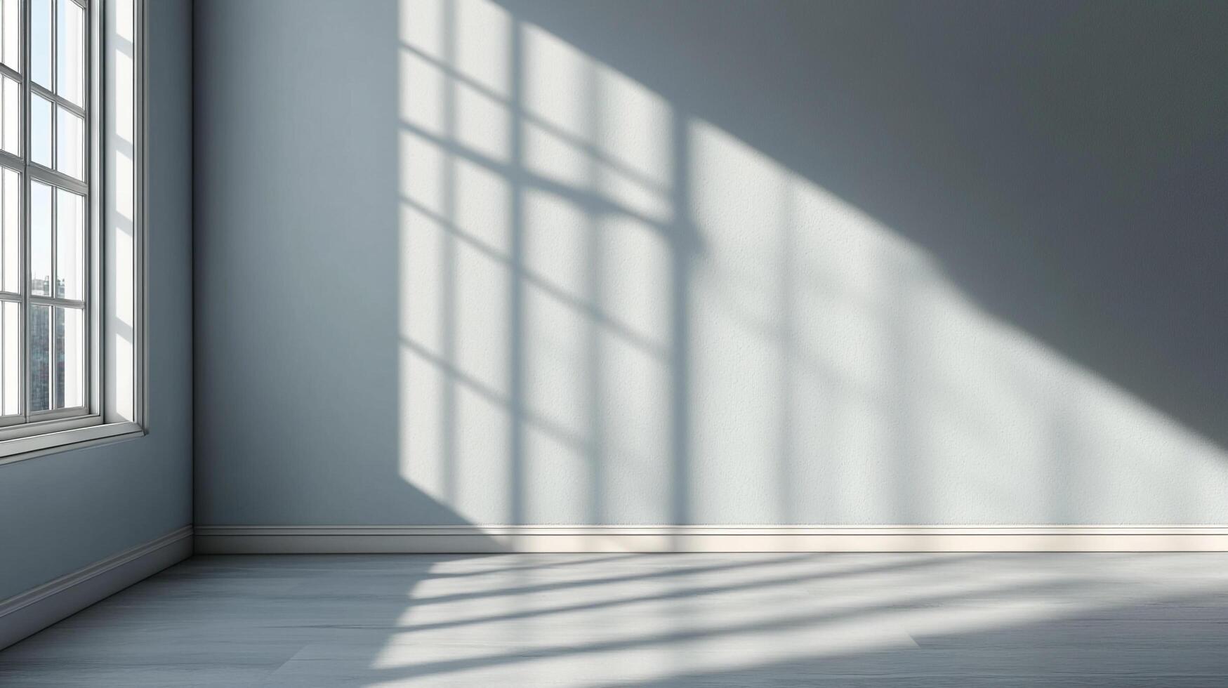 A sun-drenched room with walls bathed in a soft light creates a calming, inviting atmosphere. The window casts shadows on the wall. photo