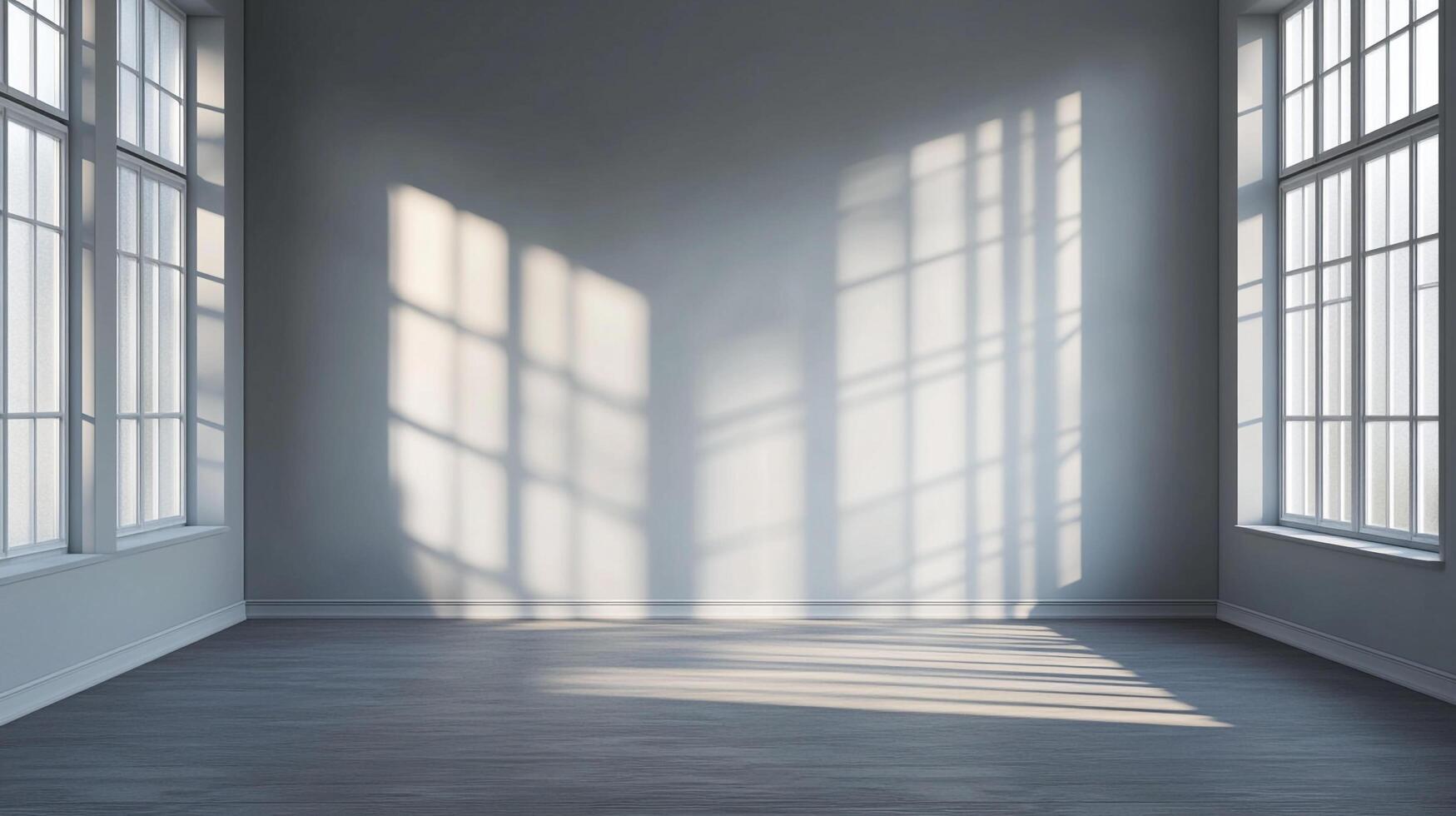 Bright, airy room bathed in sunlight with large windows. The light creates patterns on the wall and floor. Minimalist design, serene ambiance. photo