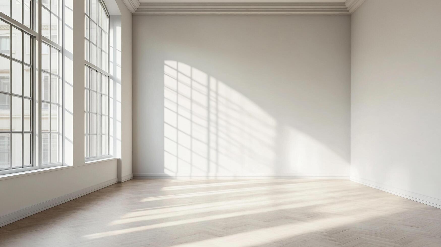 Sunlit empty room featuring large windows, white walls, and a bright wood floor. The space is bathed in natural sunlight. Ideal background. photo