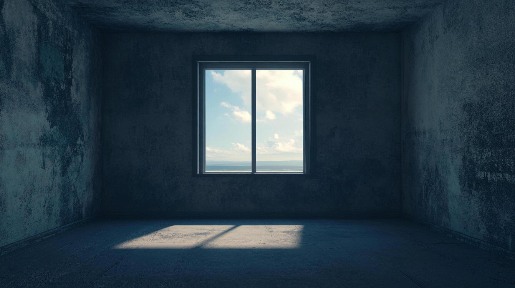 Empty concrete room bathed in light streaming through a window, offering a glimpse of distant sky and sea, contrasting with the room's desolation photo