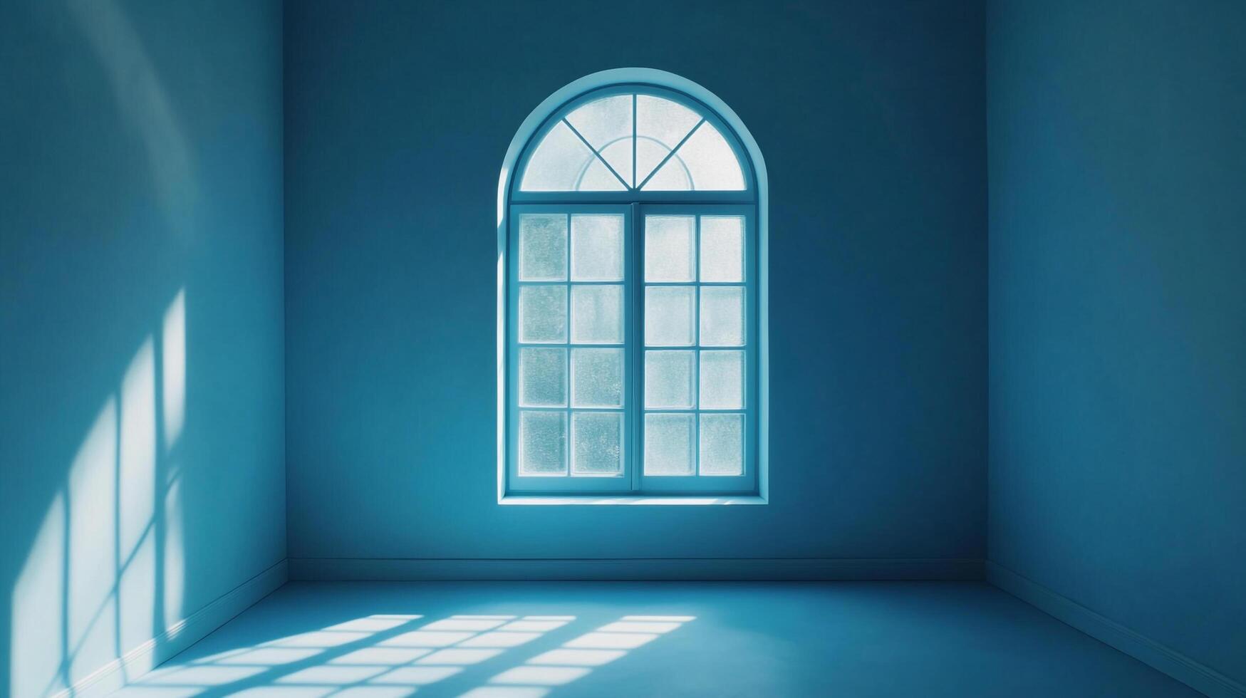 Minimalist interior with a window and light streaming in, creating a serene and peaceful atmosphere. The blue hues evoke a sense of calm. photo