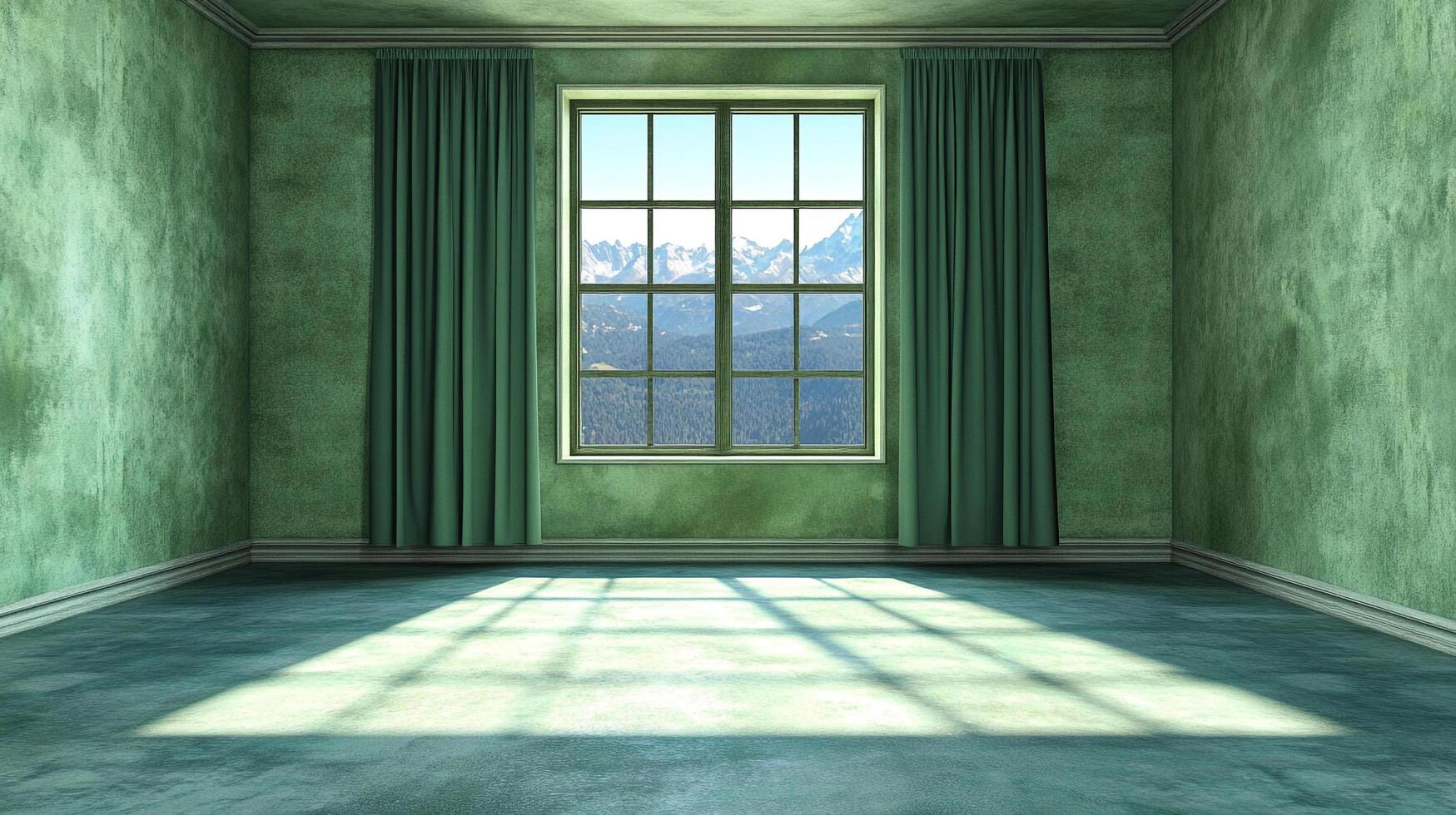 Empty green room with sunlight streaming in. A window reveals distant mountains, adding depth and beauty to the otherwise simple space. photo
