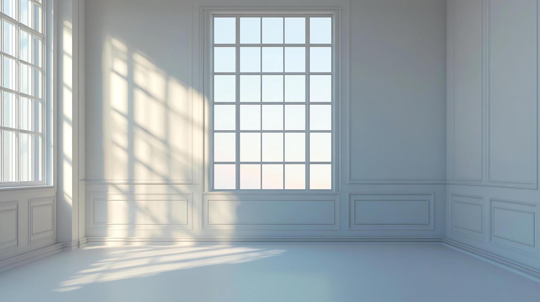 A minimalist room bathed in sunlight with classic paneled walls and large windows showcasing an airy and bright architectural space. photo