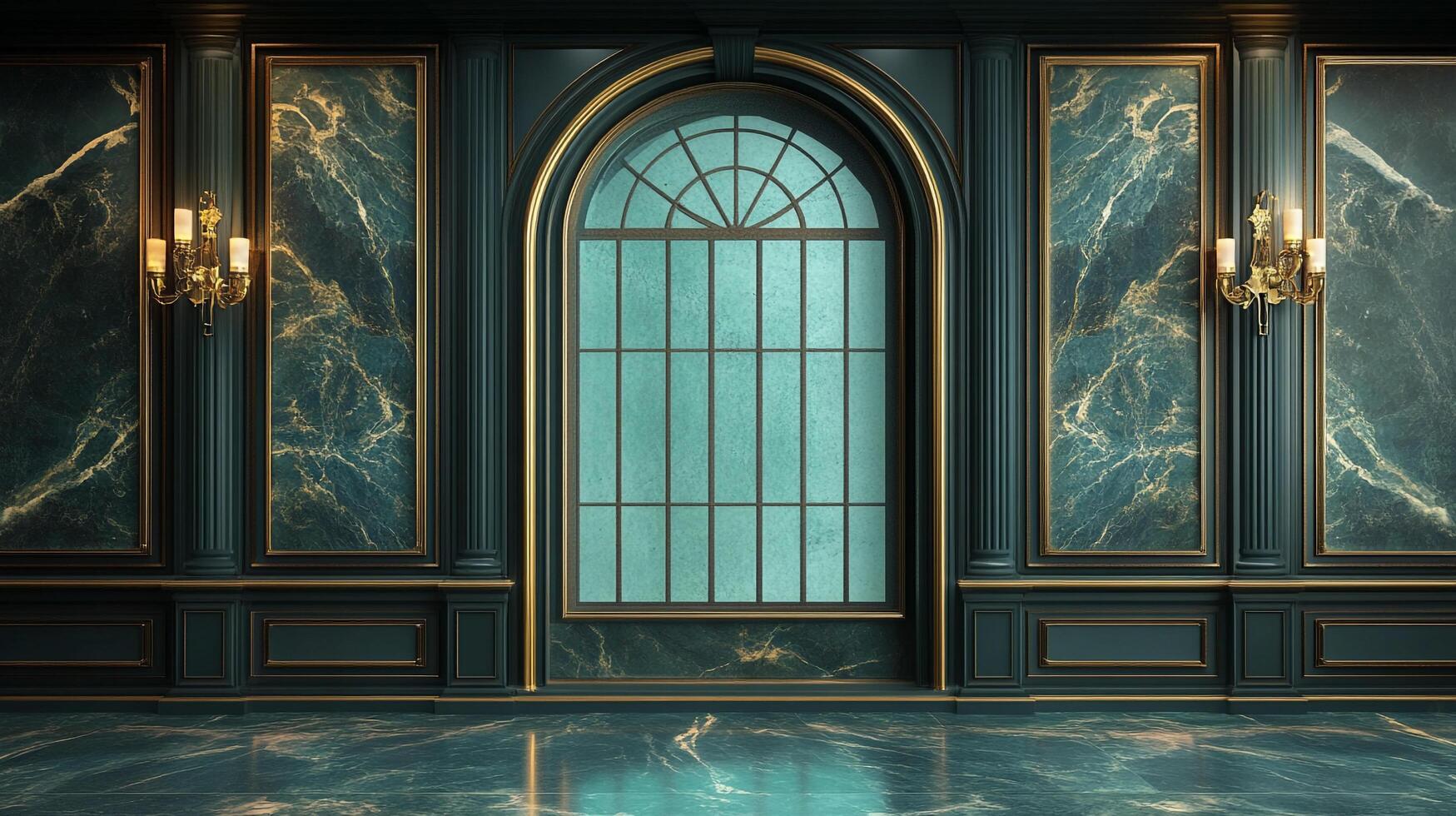 Elegant interior featuring marble panels, grand arched window, and ornate sconces evoking timeless luxury and sophisticated design. photo