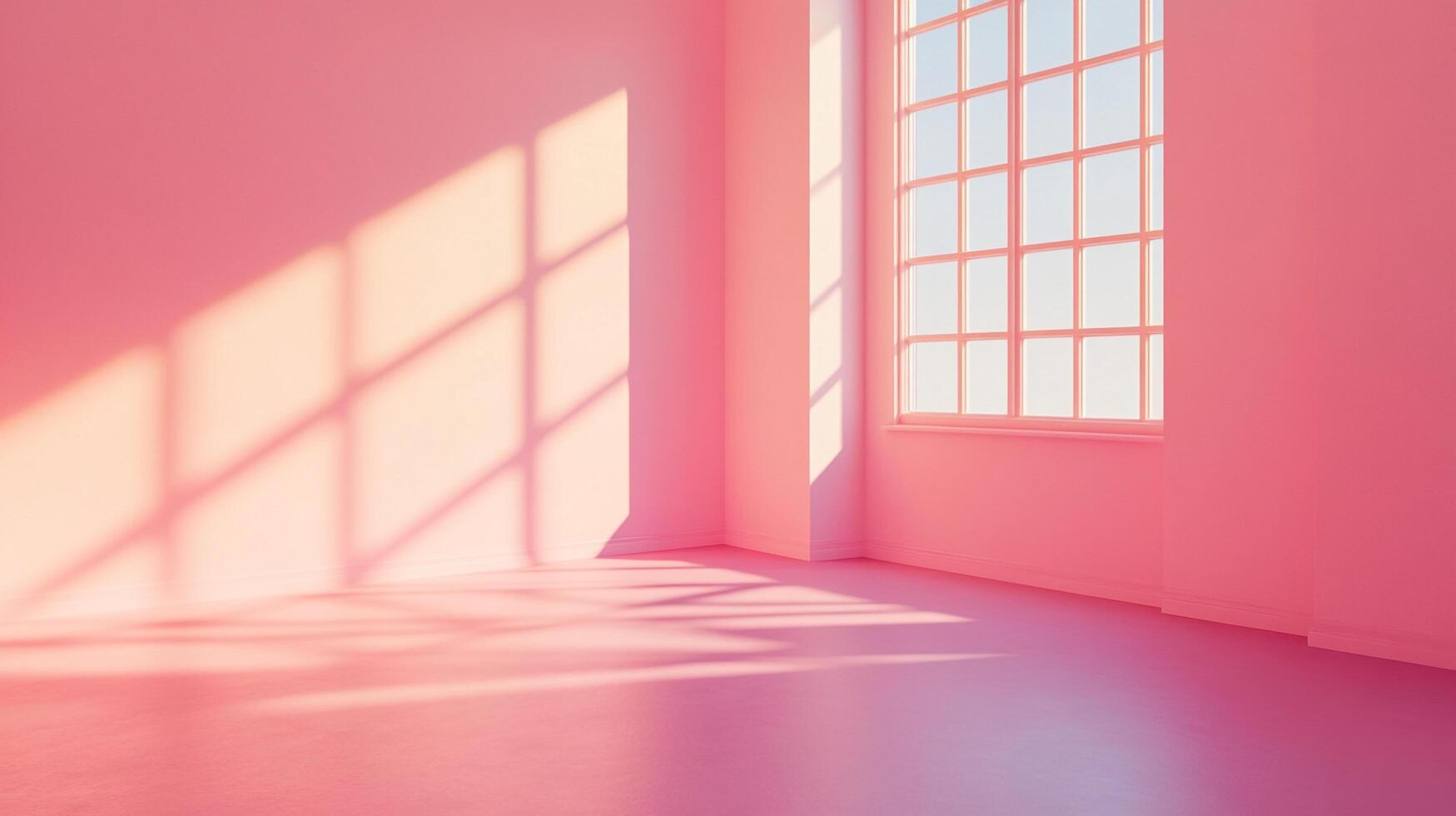 A pink room bathed in sunlight, casting shadows from a window with a view of the clear sky for a peaceful serene atmosphere. photo