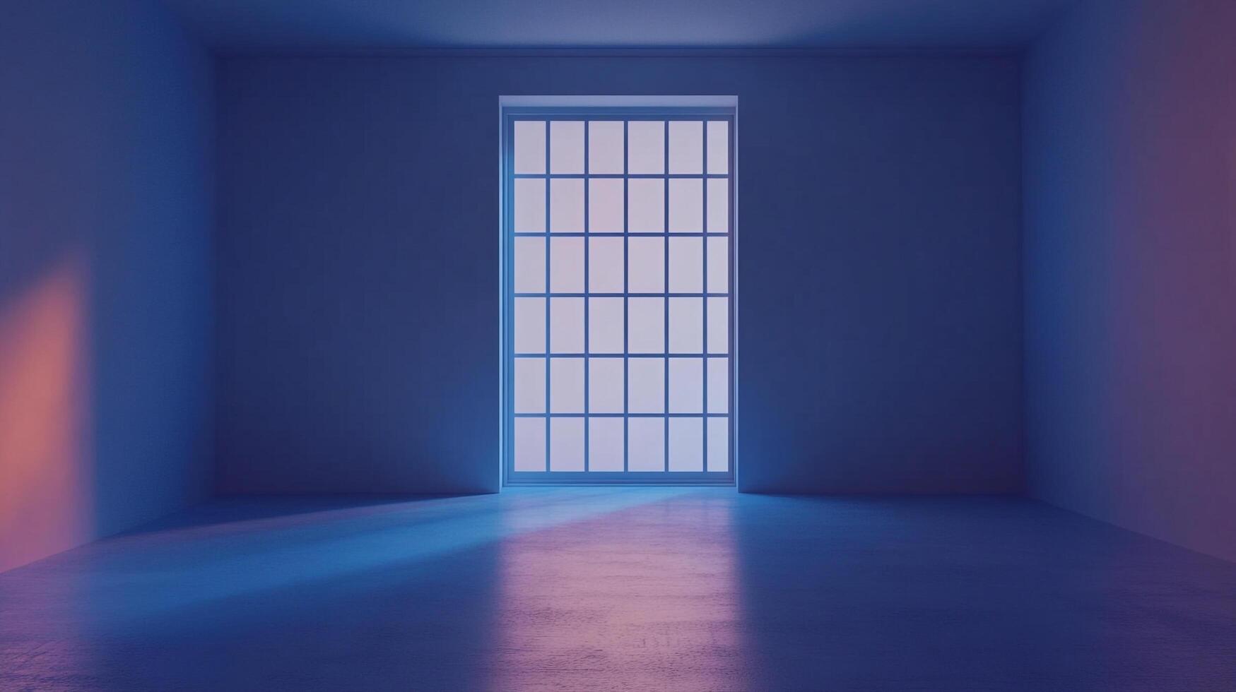 Minimalist room bathed in blue light, featuring a large window with multiple panes, creating a serene and modern architectural interior. photo