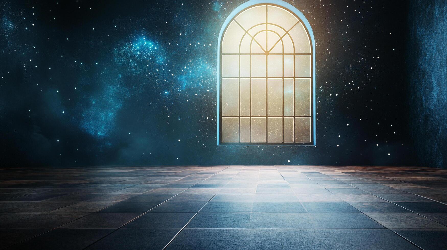 Dramatic space. A lone, illuminated, arched window in a dark, starry room casting light on a tiled floor, evoking a sense of quiet wonder. photo
