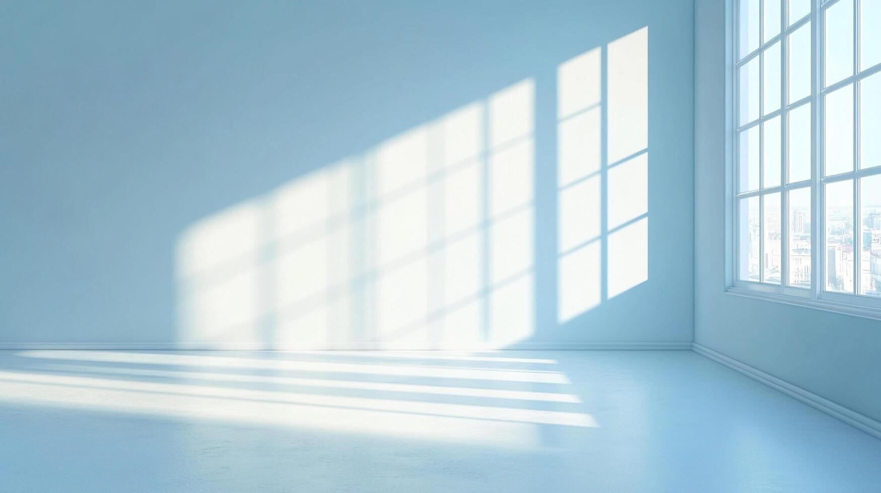 Sunlight streams into an empty room with large windows creating bright patterns on the wall, and floor. The light blue walls and floor are minimal photo