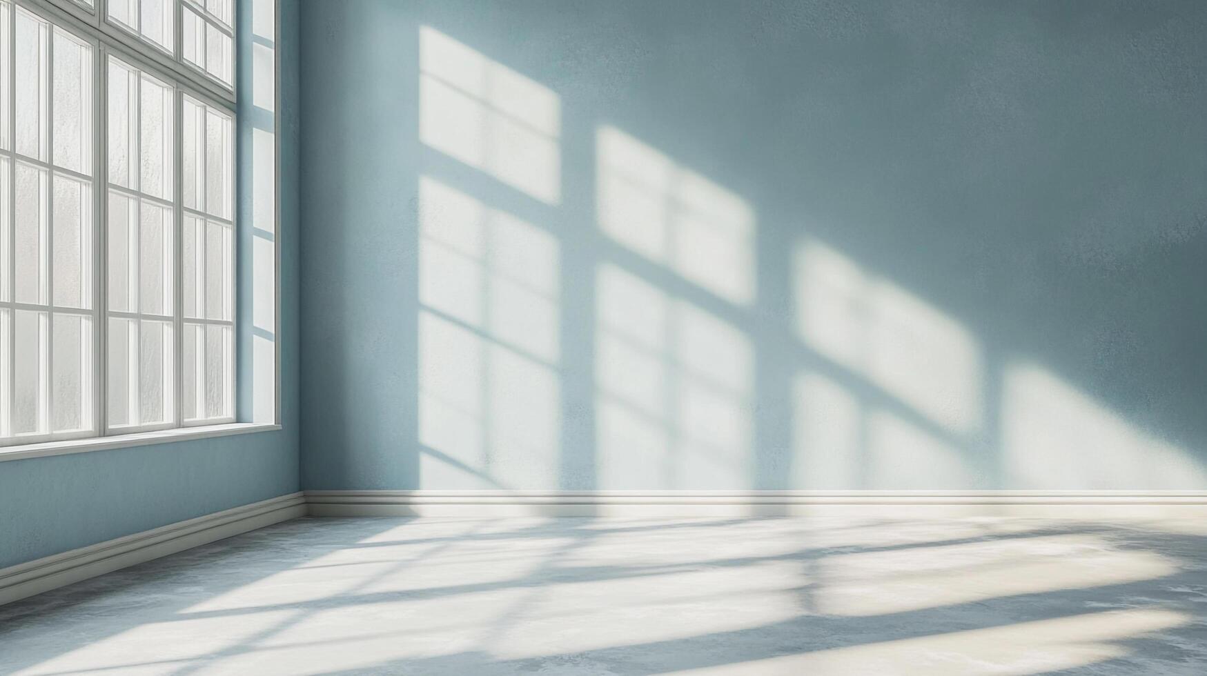 Sunlight streams into an empty room with light blue walls, creating geometric patterns on the wall and floor from the window frame. photo
