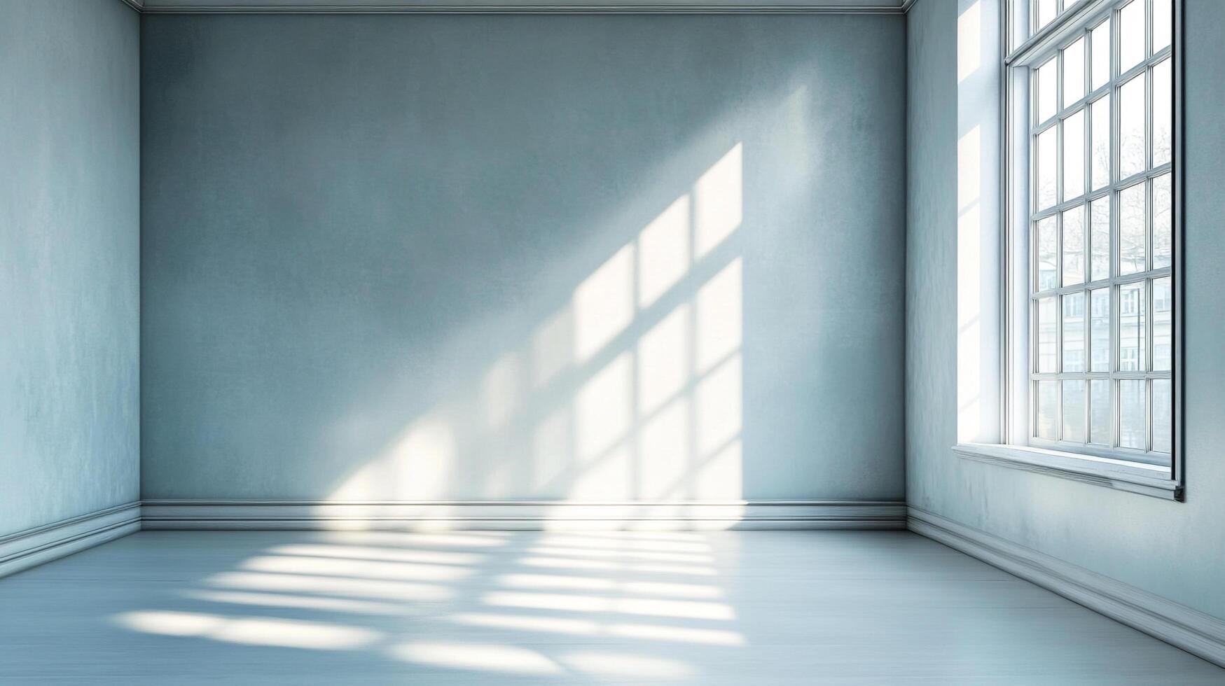 Minimalist interior with light blue walls and sunlight streaming through a window, creating patterns on the floor. Serene and calm. photo