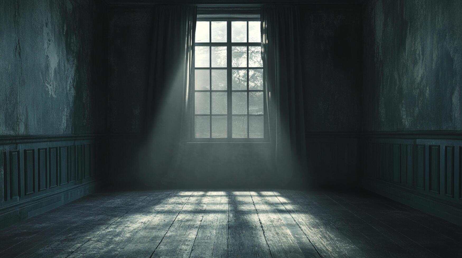 An empty room filled with shadows and sunlight streams from a window. The darkness adds an ominous atmosphere to the setting. photo