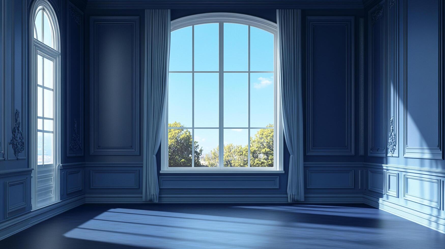 Blue room with large window provides a glimpse of the outside world. The sun casts shadows on the floor adding depth to the scene. photo