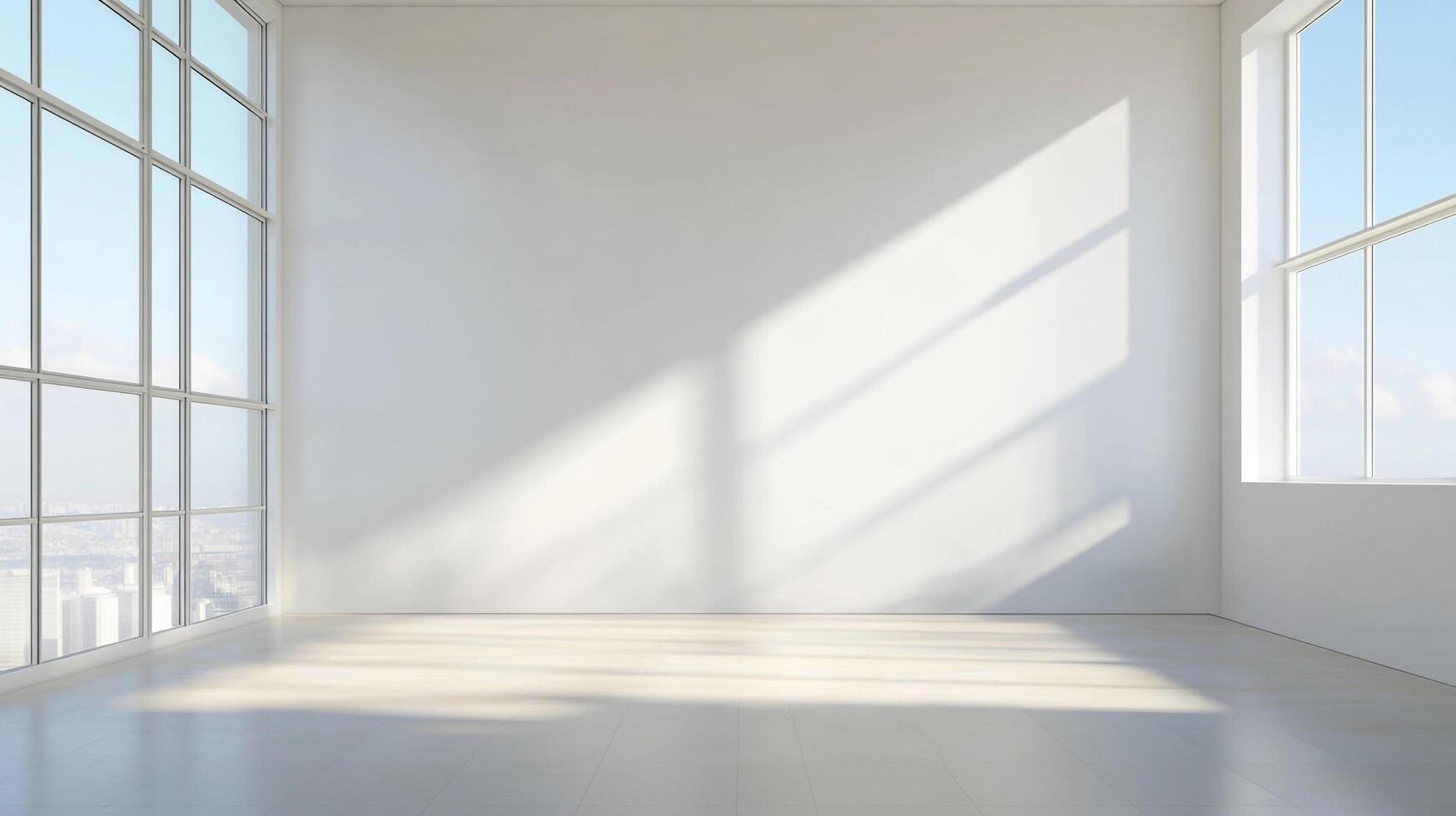 Bright, open room with large windows letting in natural light and casting shadows across the white walls and floor. Modern and minimal design. photo