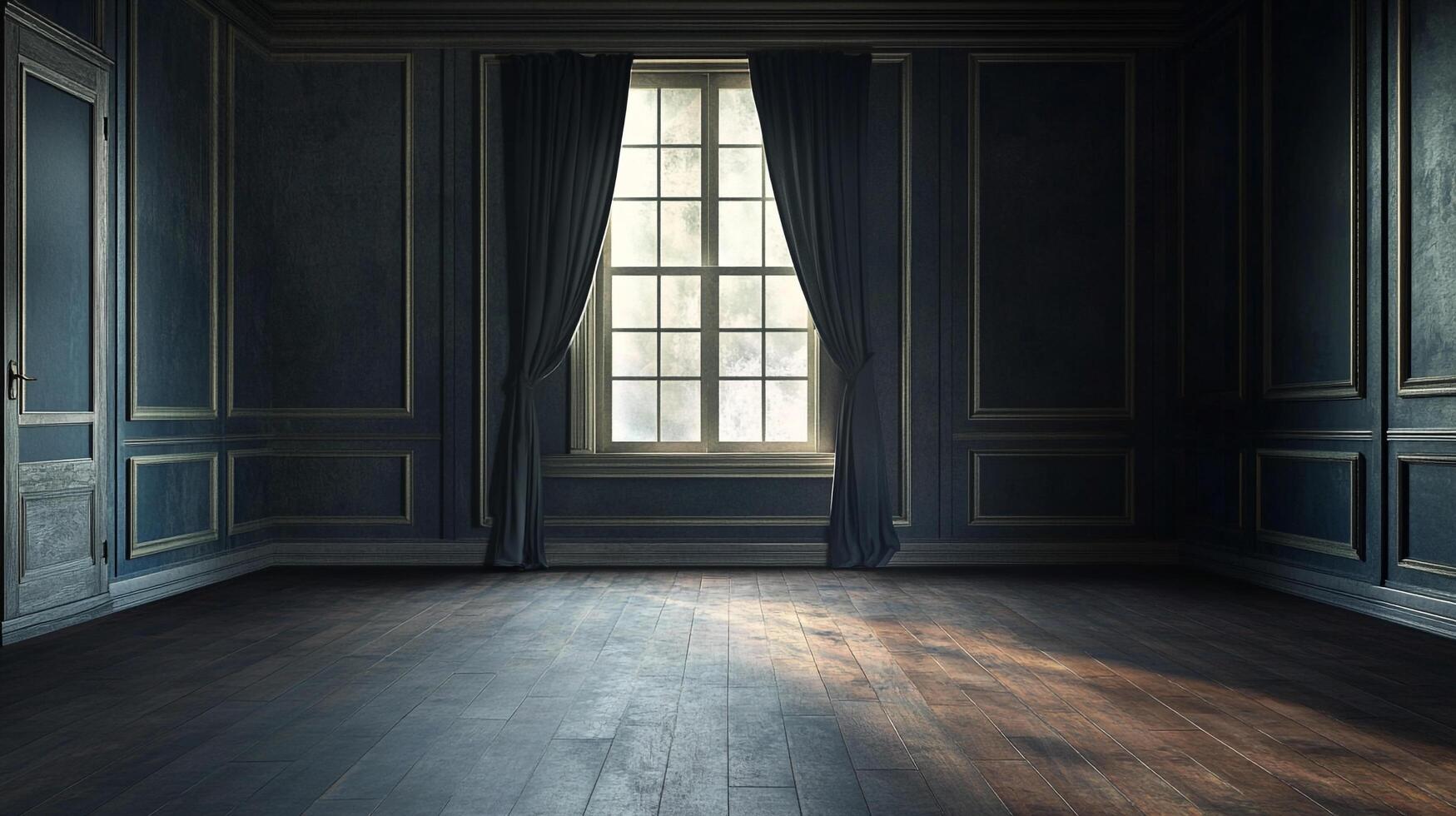 Elegant room features wainscoted walls, a window dressed with dark drapes and a polished hardwood floor that catches soft streaming light. photo