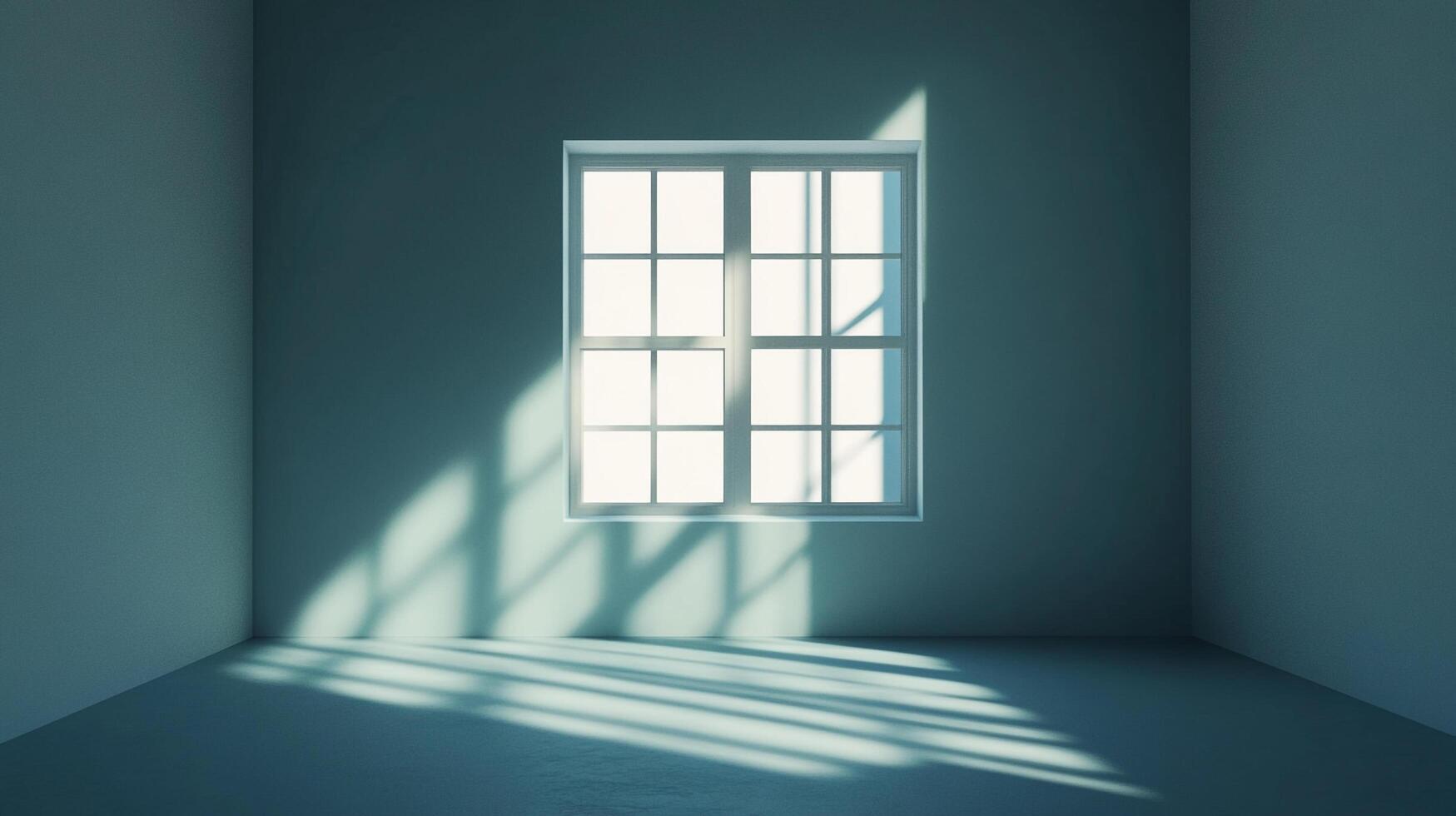 A minimalistic room illuminated by sunlight streaming through a window, casting shadows and creating a serene atmosphere. photo