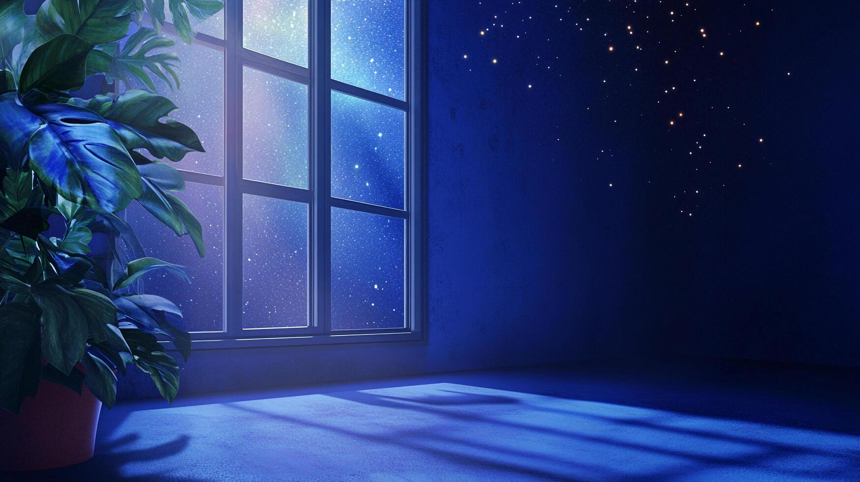 Indoor scene with a plant beside a window. Night sky and stars are visible outside, casting a cool blue light into the room. Minimalist aesthetic. photo