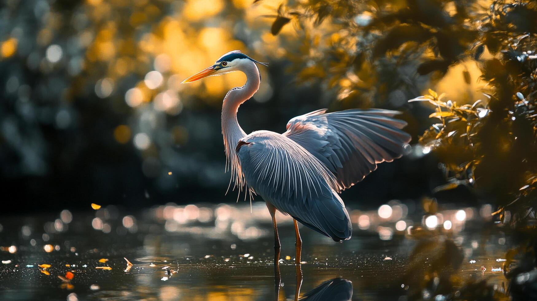 Elegant great blue heron stands gracefully in shallow water, wings partially outstretched, bathed in the soft light of golden hour. photo