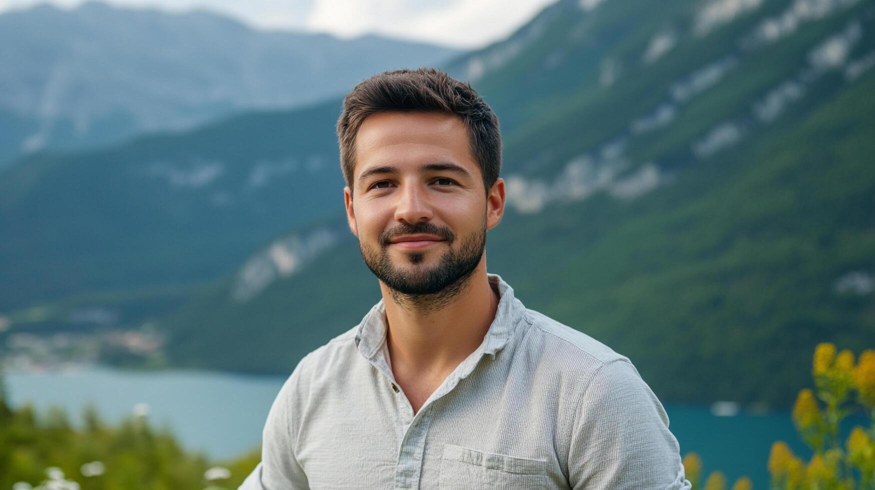 Man against a mountain backdrop, serene and peaceful, wearing a collared shirt, enjoying the natural beauty of the landscape. photo