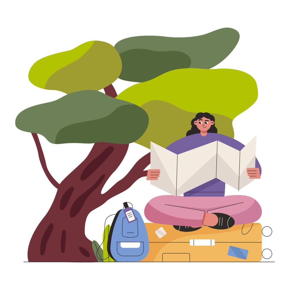 Traveler character, excursion trip. Woman with backpack, luggage and map traveling abroad. Line art flat illustration isolated on white background. vector