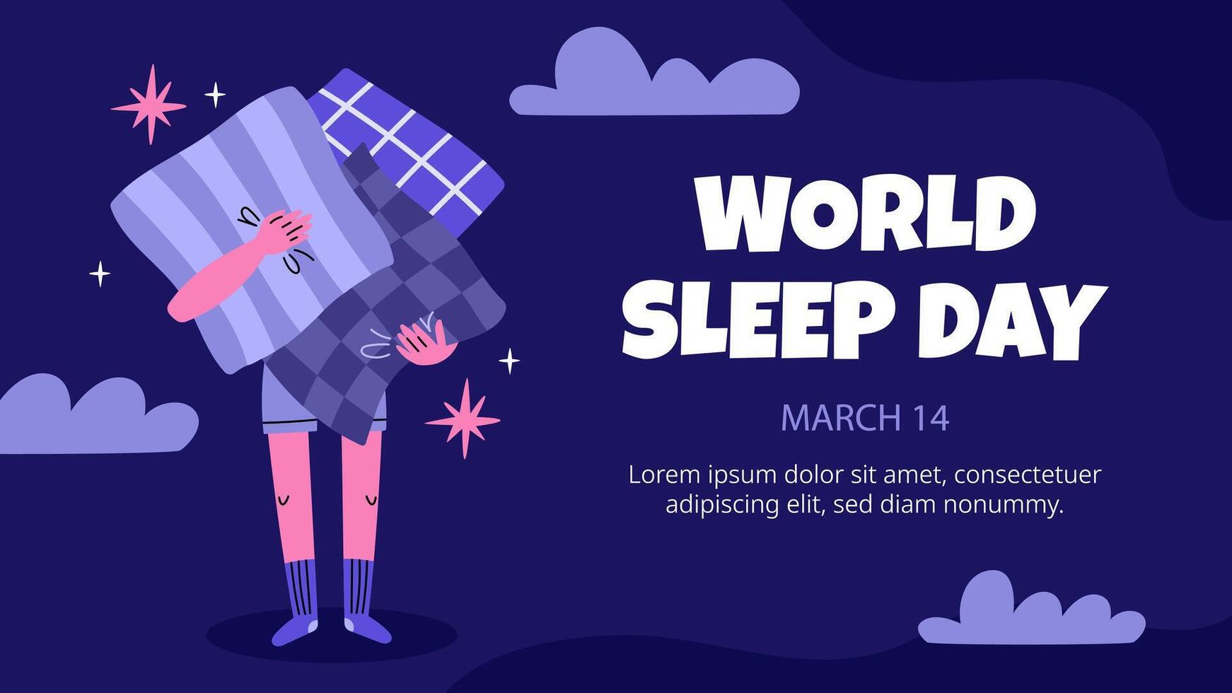 World Sleep Day Banner. Background with person holding a lot of pillows. Flat illustration. vector
