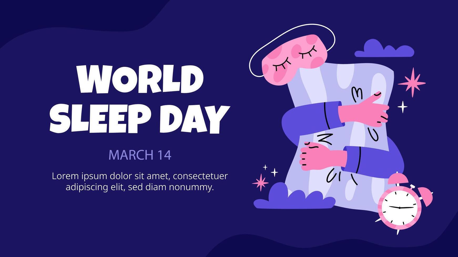 World Sleep Day Banner. Background with hands hugging pillow, alarm clock, sleep mask. Flat illustration. vector