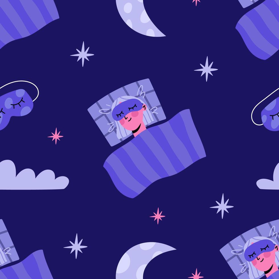 World Sleep Day seamless pattern. Flat illustration on dark blue background. vector