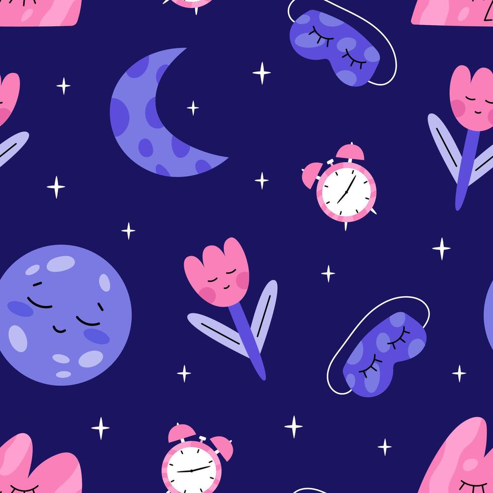 World Sleep Day seamless pattern. Flat illustration on dark blue background.. vector