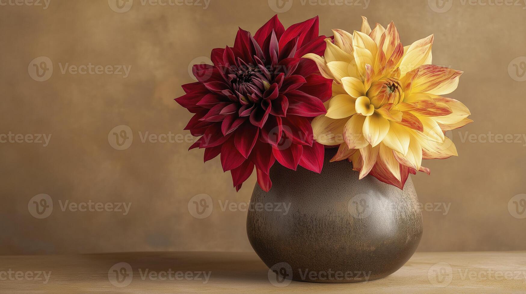 ceramic vase holds vibrant dark red and yellow dahlia flowers, creating stunning floral display photo