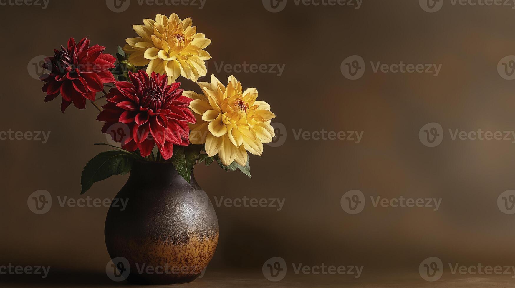 ceramic vase holds vibrant dark red and yellow dahlia flowers, creating warm and inviting atmosphere photo