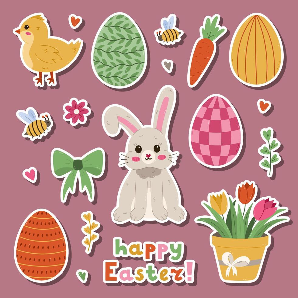 Lovely Happy Easter and spring sticker set for planners, notebooks, scrapbook. Ready for print list of cute stickers with cartoon clipart of Easter bunny, baby chicken, ornate eggs, tulips in pot. vector