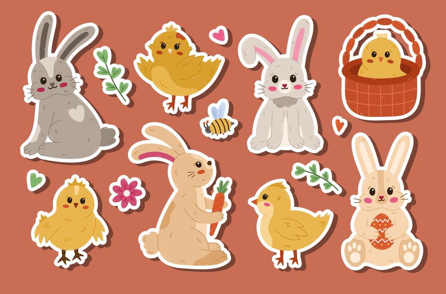 Cartoon spring and Happy Easter sticker set for planners, scrapbook. Ready for print list of cute stickers with clipart of Easter bunny and baby chick in different poses. Childish hand drawn rabbit. vector
