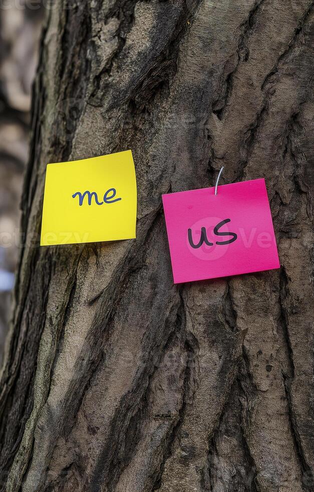 Two sticky notes on tree, one yellow with me and one pink with us, symbolize connection and individuality photo