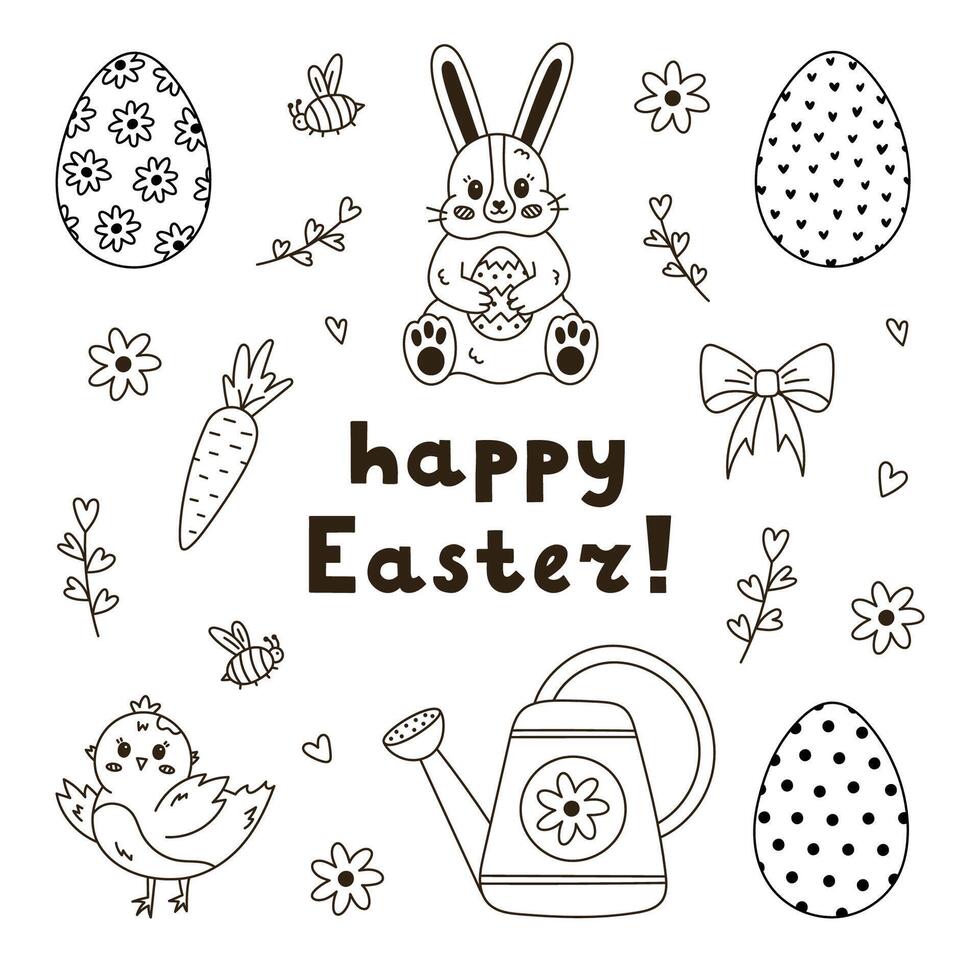 Lovely outline Easter set with fluffy sitting bunny, chick waving wings, painted eggs with pattern, watering can, bow, lettering. Happy Easter egg hunt doodle pack isolated on white background. vector
